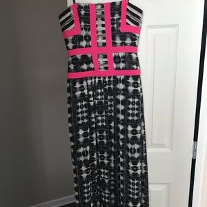 BCBG Long Strapless Chiffon Gown/Black & hot pink
